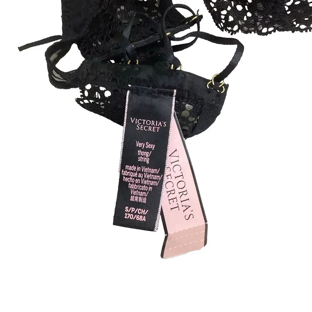 Victorias Secret Very Sexy Thong String Small/Petite Black Floral Lace Criss-Cro